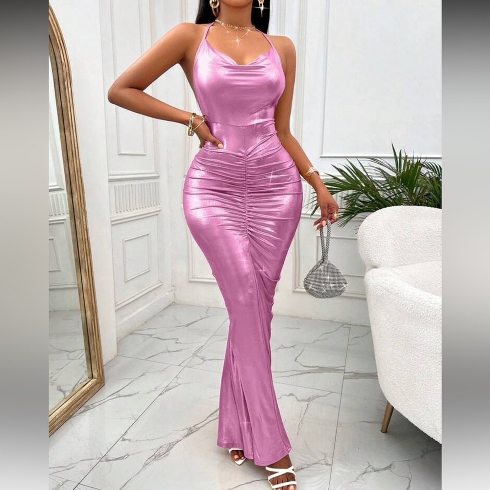 Elegant Pink Satin Maxi Dress